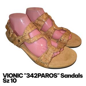 VIONIC 342PAROS Sz 10 Brown Tan Cork Look Pattern Boho Orthotic Travel Sandals